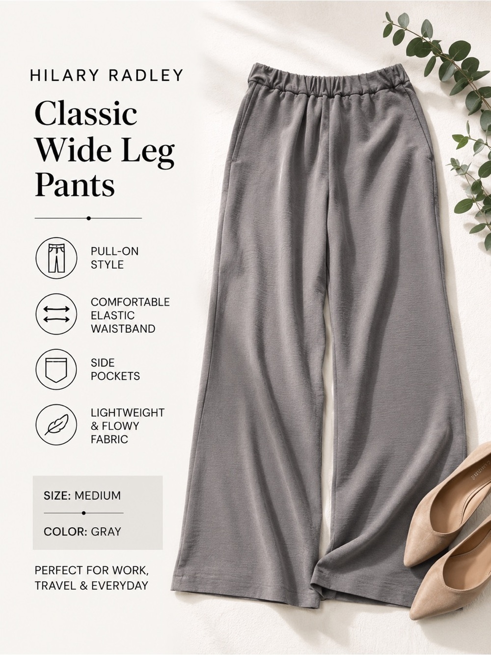 Hilary Radley Gray Wide Leg Pull On Pants Women Medium Minimalist Workwear